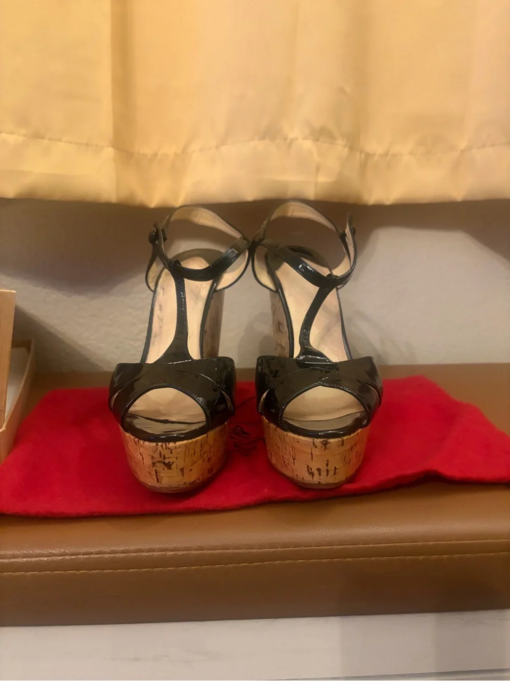 Christian Louboutin Black Patent Cork Platform T-Strap Women’s Wedge Sandals